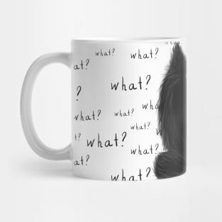 Black cat and the inscription "what?" Mug
